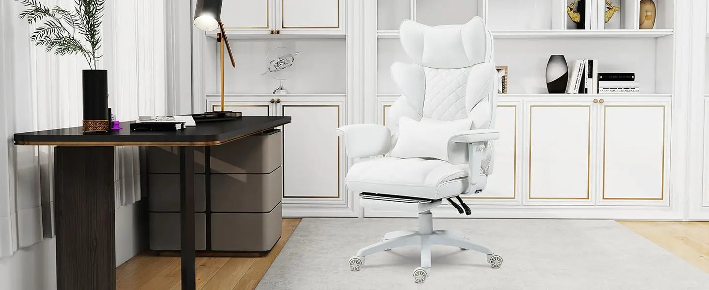 High Back Computer Gaming Chair with Adjustable Armrests,Executive Desk Chair with Footrest,(PU Leather, White)