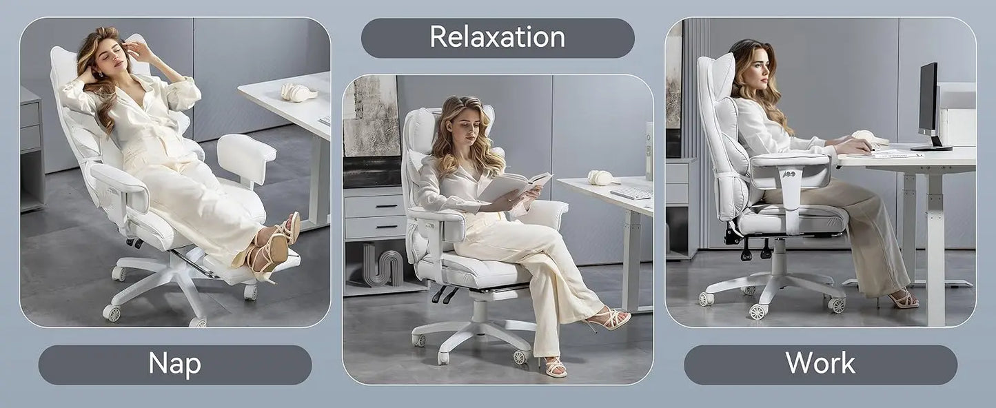 High Back Computer Gaming Chair with Adjustable Armrests,Executive Desk Chair with Footrest,(PU Leather, White)